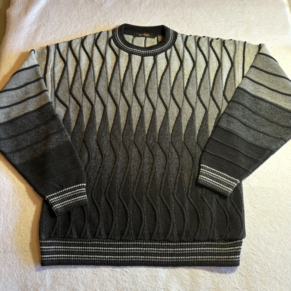 BAHRACH Mens‎ Sweater Size S Black Gray 3D Knit Geometric Pattern Long Sleeve